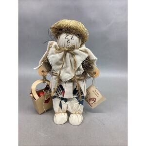 Vintage Lizzie High Scarecrow Wooden Figurine Patch Work - Signed - Fall Decor